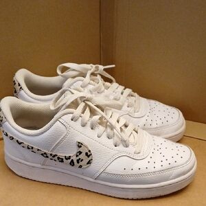 White Women's Leather Sneakers with Leopard Accent